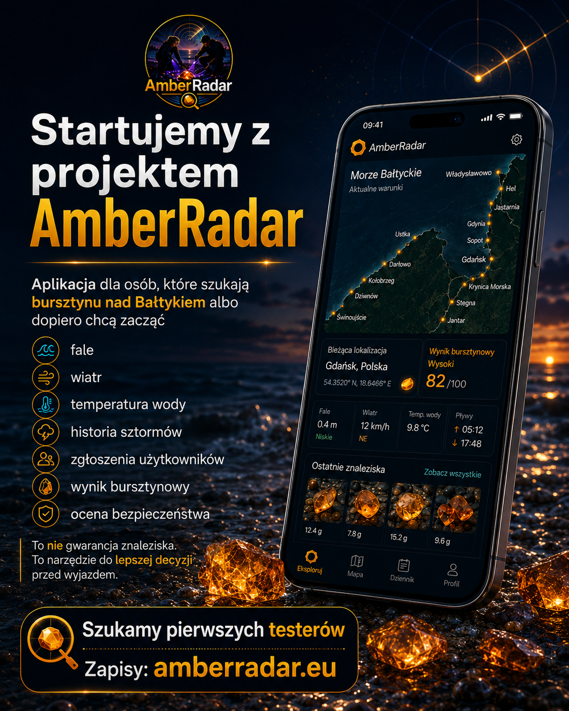 AmberRadar — aplikacja, bursztyny, kaszor i latarka UV na plaży